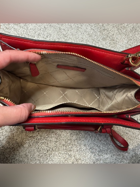 Michael Kors Hope Medium Messenger Bag Flame Red & Brown Satchel Purse w/ Strap - Picture 6 of 10